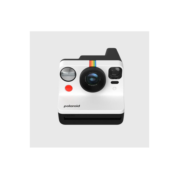 Polaroid Now Generation 2 instant camera in white and black with a rainbow stripe, autofocus lens, and red shutter button.