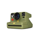 Forest green Polaroid Now+ Gen 2 instant camera with a dual-lens system, red shutter button, and yellow accent stripe.