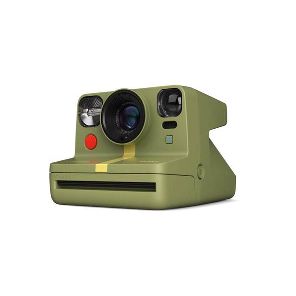 Forest green Polaroid Now+ Gen 2 instant camera with a dual-lens system, red shutter button, and yellow accent stripe.