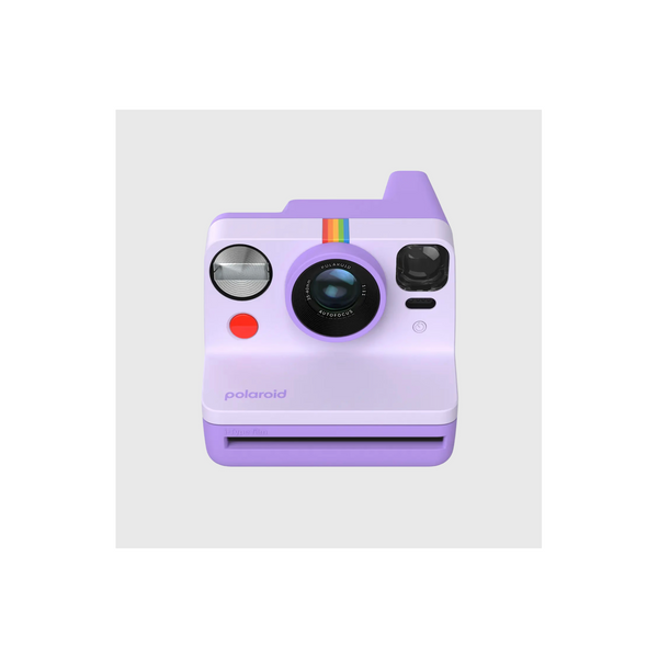 Purple Polaroid Now Generation 2 instant camera with a central autofocus lens, iconic rainbow stripe, and red shutter button.
