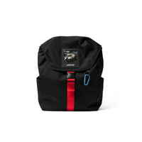 A black Polaroid backpack with a front flap pocket featuring a Polaroid camera patch, a vertical red stripe with a black buckle, and a blue carabiner clip on a white background.