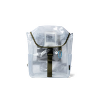 A translucent clear mesh backpack with olive green straps and trim, shown on a clean white background.