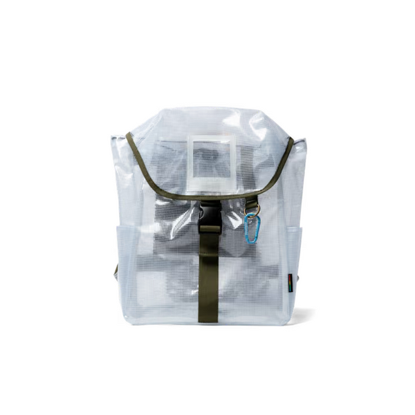 A translucent clear mesh backpack with olive green straps and trim, shown on a clean white background.