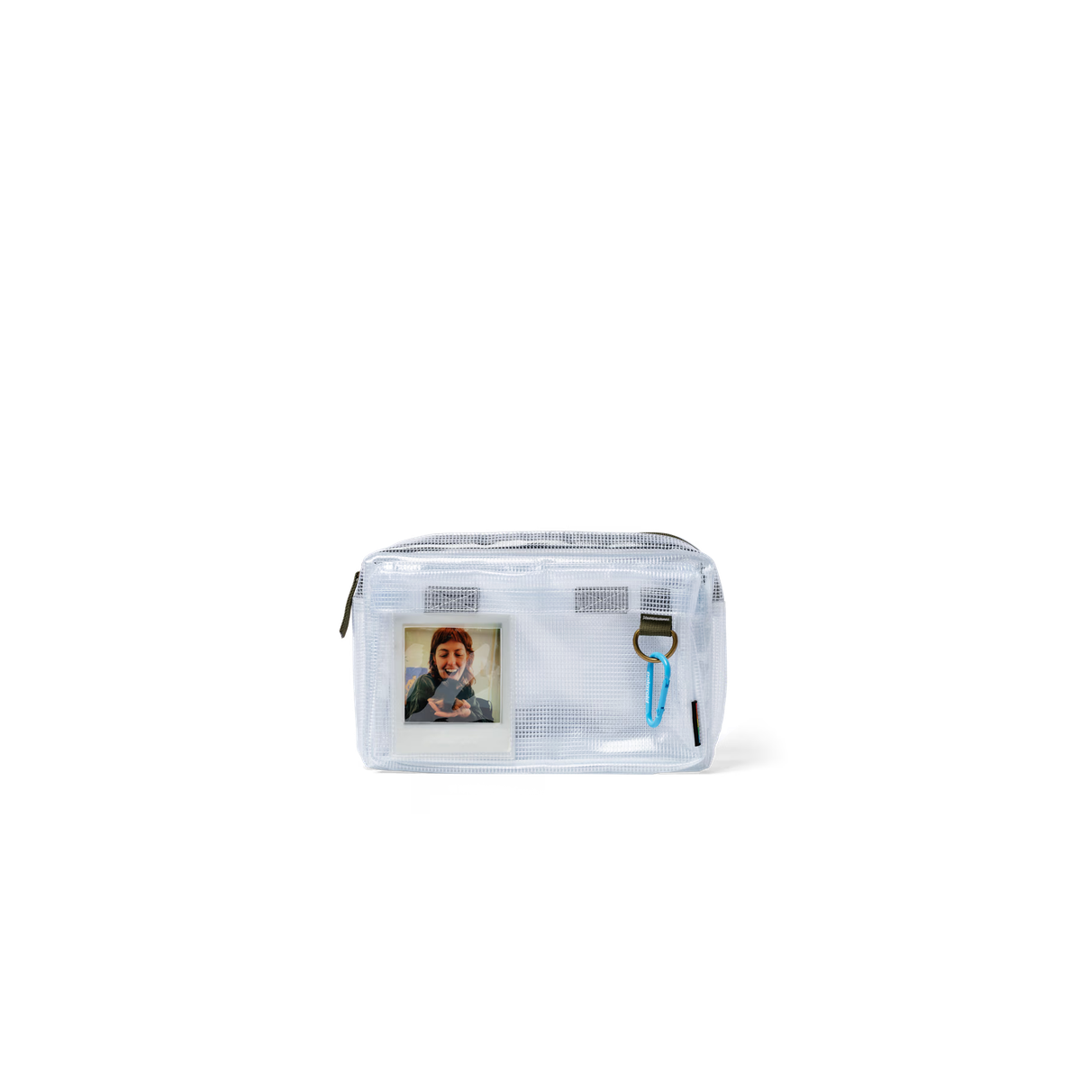 Clear plastic pouch with a photo of a person holding a phone on a white background