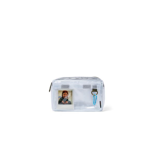 Clear plastic pouch with a photo of a person holding a phone on a white background