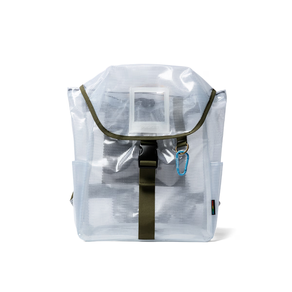 Clear backpack with green straps on a white background