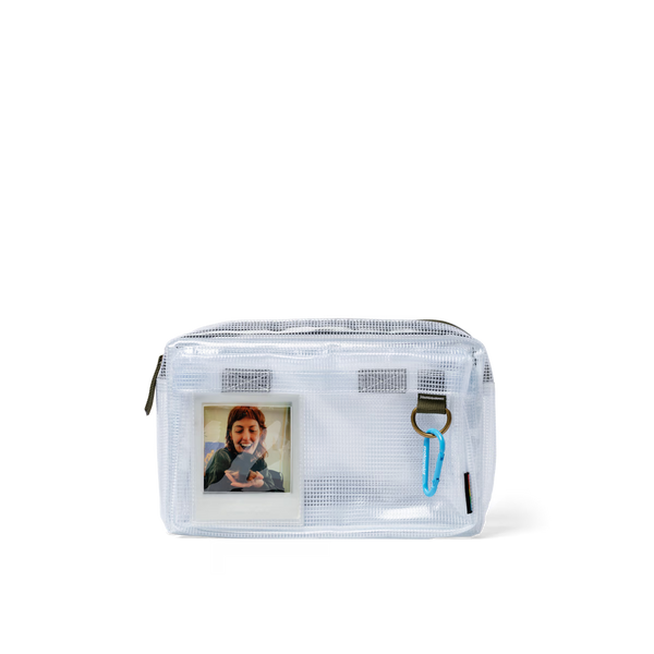 Clear plastic pouch with a photo of a person holding a phone on a white background