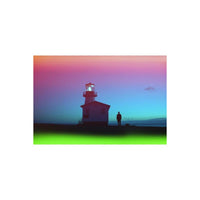 Lighthouse silhouette at dusk with red, blue, and green light-leak effects from Psychedelic Blues 35mm film.