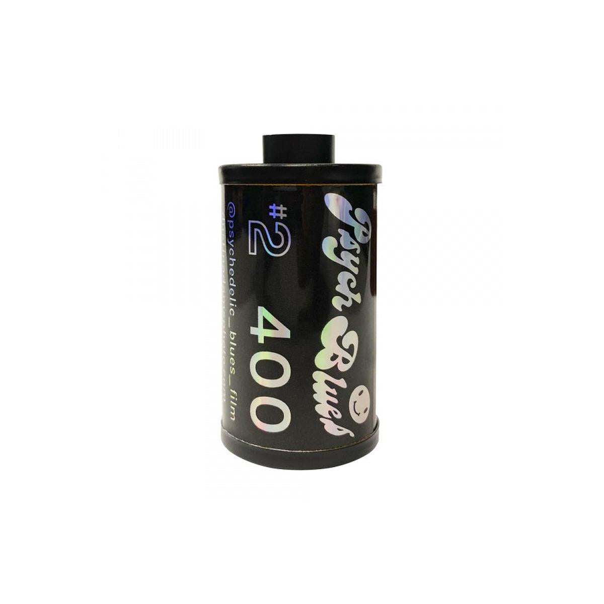 Psychedelic Blues #2 35mm film canister with holographic branding and 400 ISO label on a black background.