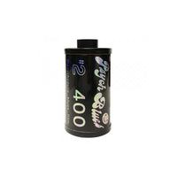 Psychedelic Blues #2 35mm film canister with holographic branding and 400 ISO label on a black background.
