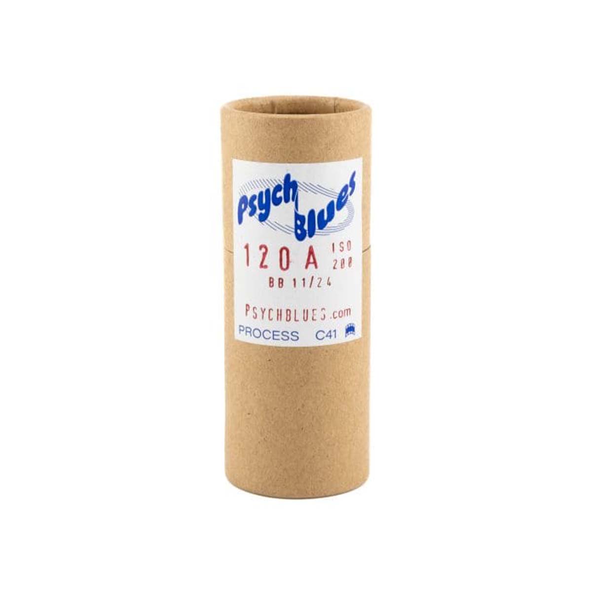 A brown kraft paper cylinder tube with a white paper label reading 'Psych Blues 120 A' on a plain white background.