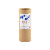 A brown kraft paper cylinder tube with a white paper label reading 'Psych Blues 120 A' on a plain white background.