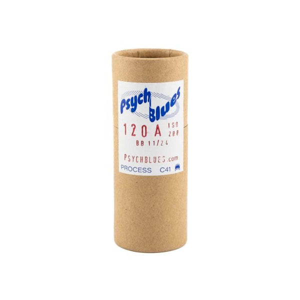 A brown kraft paper cylinder tube with a white paper label reading 'Psych Blues 120 A' on a plain white background.
