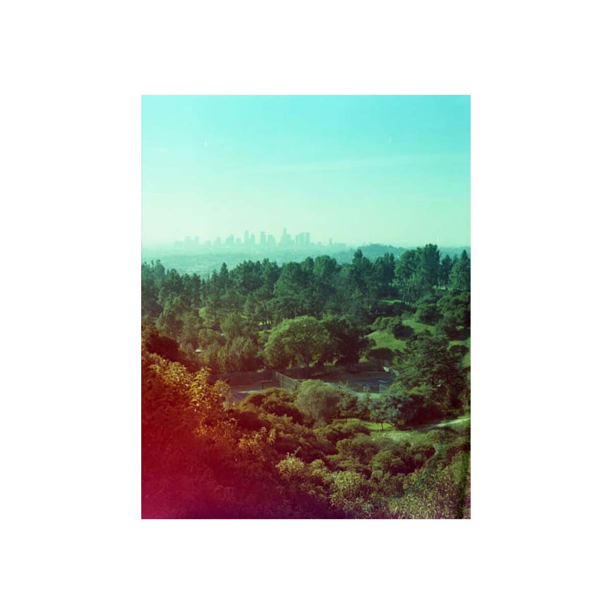 A vertical photographic art print depicting a scenic landscape with a distant city skyline on the horizon, a line of green trees, and sunlit hills in the foreground, presented with a white border.