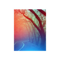 A vertical photographic print of a winding road lined with bare trees under a misty sky, with a strong red-to-blue gradient overlay.