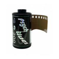 Psychedelic Blues #3 35mm color film roll with black canister and holographic text label.