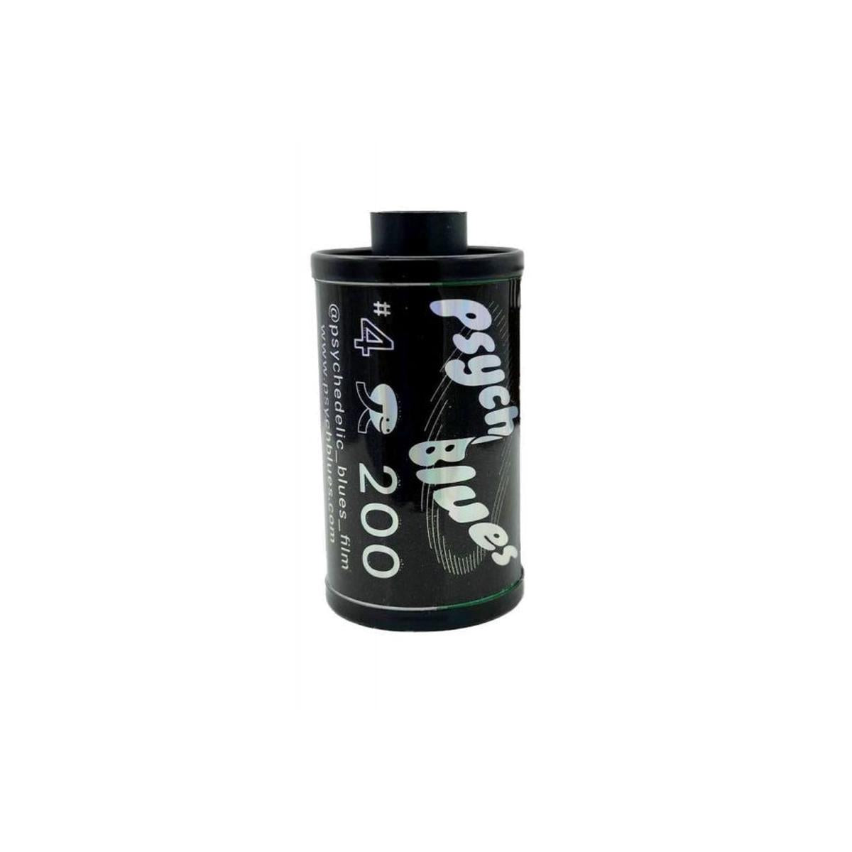 Psychedelic Blues #4 35mm film canister with black label, white text, and ISO 200 rating.