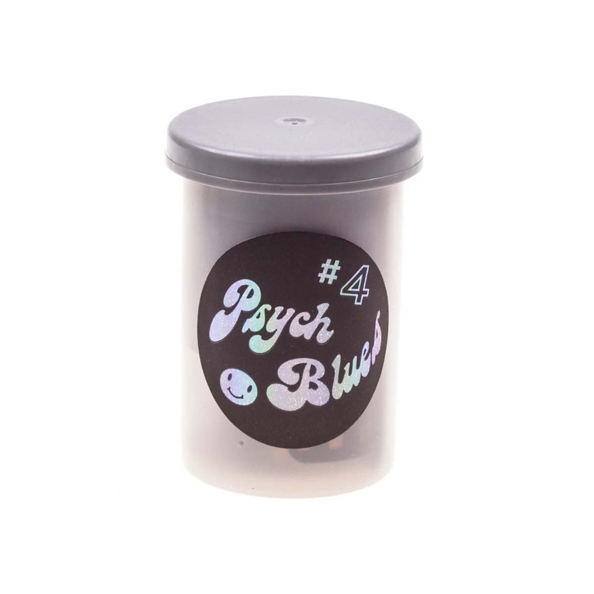 Psychedelic Blues #4 35mm film canister with a holographic logo sticker on a translucent grey plastic container.