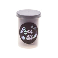 Psychedelic Blues #4 35mm film canister with a holographic logo sticker on a translucent grey plastic container.