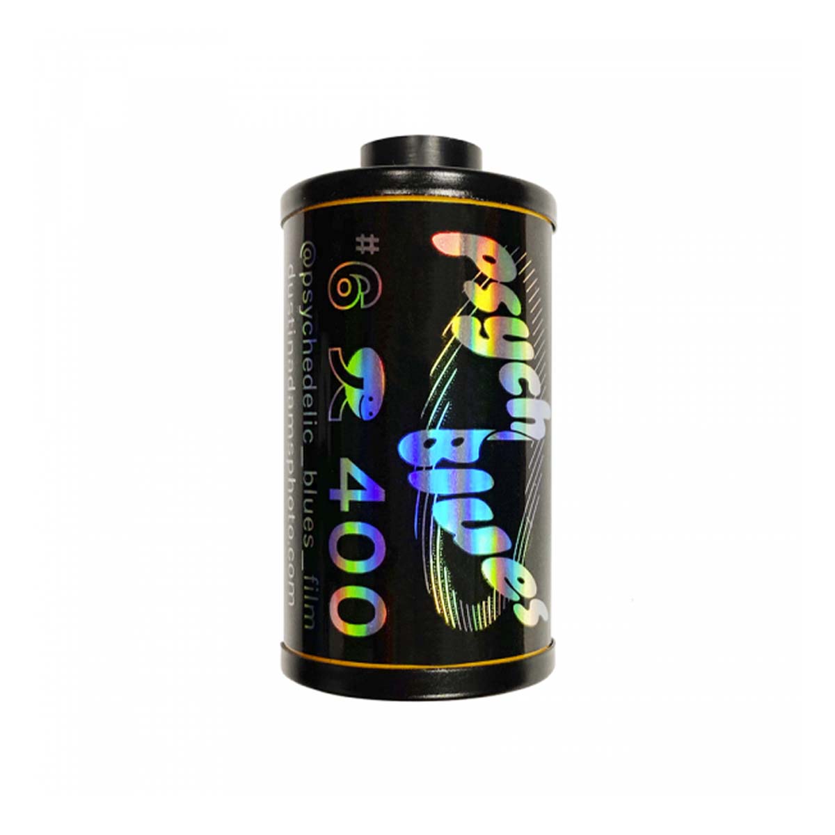 Psychedelic Blues #6 35mm film canister with holographic text and branding on a black background.