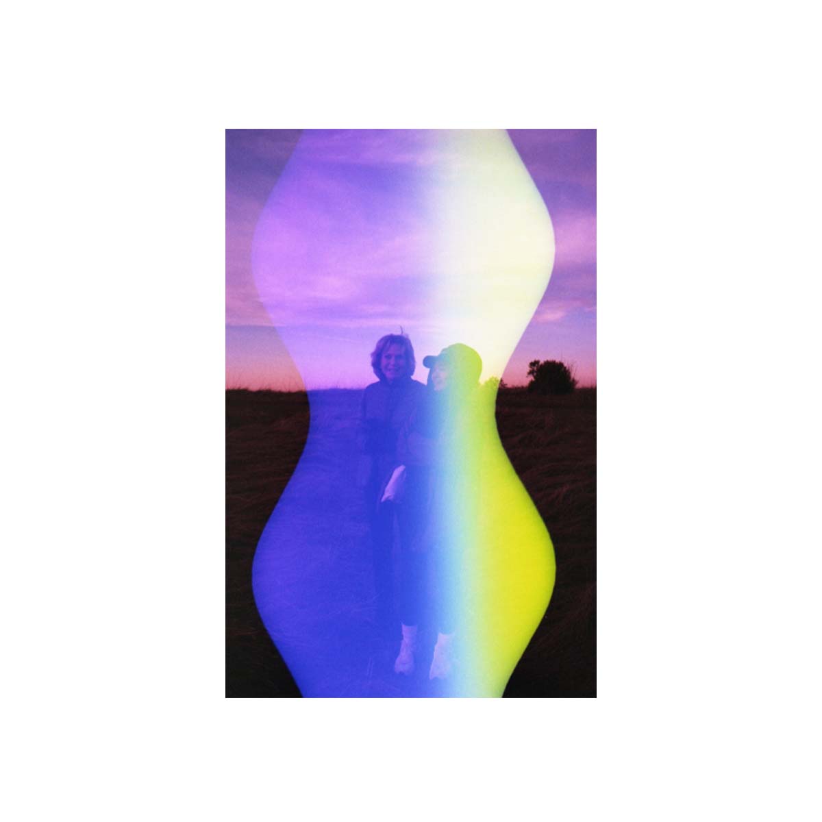 Psychedelic Blues #7 35mm film shot of two people at sunset with a vibrant, multi-colored wave effect in the center.