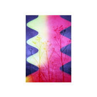 Psychedelic Blues #7 35mm film shot showing a vibrant yellow and pink wavy light pattern over a silhouette of wildflowers.