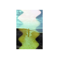 35mm film shot of a coastal path featuring a vertical, multi-colored wave effect with yellow and pink light leaks.
