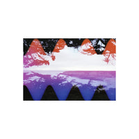 Coastal landscape shot on 35mm film with vibrant orange and blue wave-pattern color effects overlaying the frame.