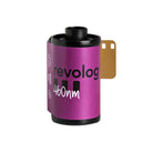 Revolog 460nm 35mm color negative film roll with a vibrant purple label and 36 exposures.