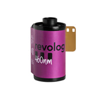 Revolog 460nm 35mm color negative film roll with a vibrant purple label and 36 exposures.