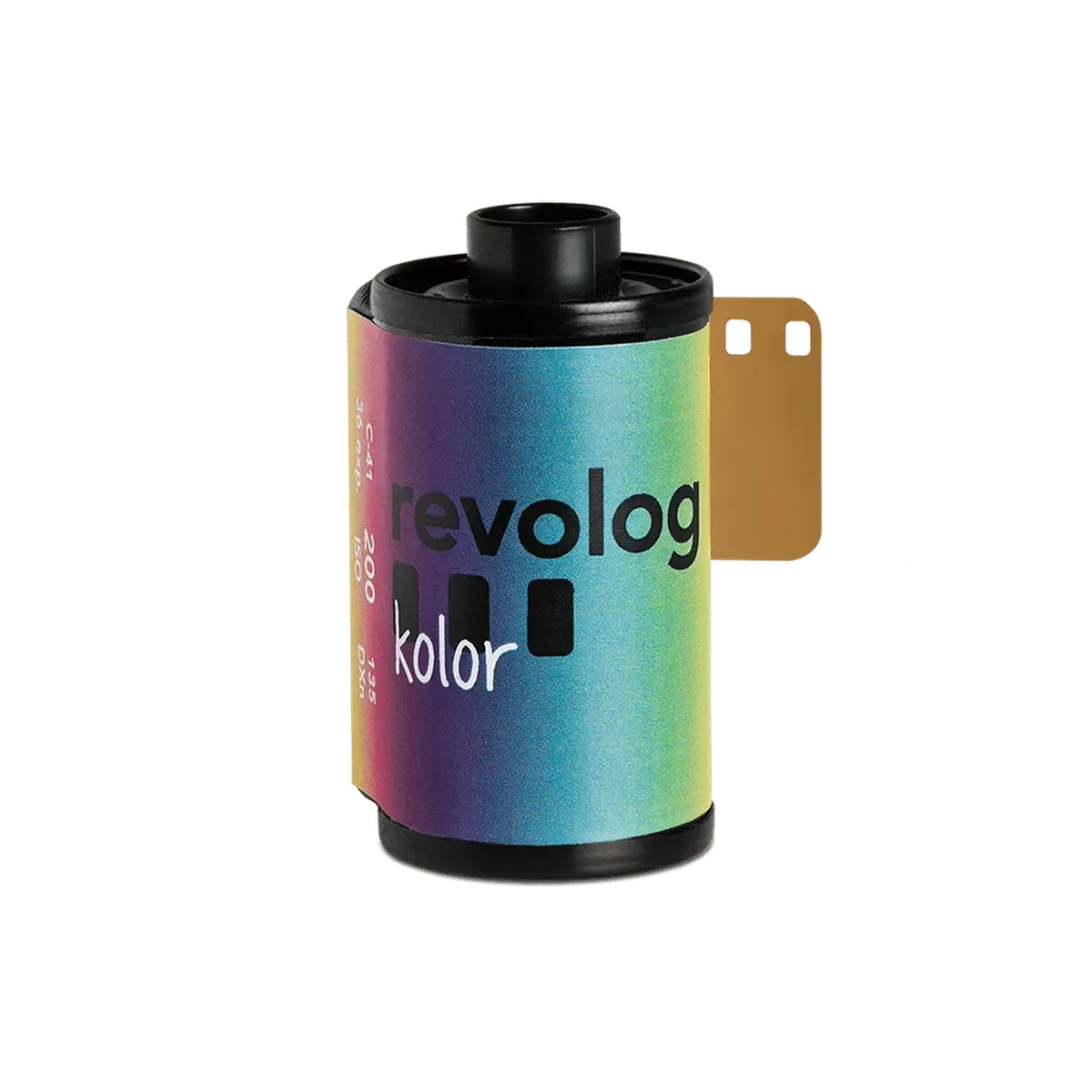 Revolog Kolor 35mm film roll with a vibrant rainbow gradient label and black plastic canister, 36 exposures, ISO 200.
