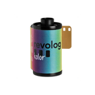 Revolog Kolor 35mm film roll with a vibrant rainbow gradient label and black plastic canister, 36 exposures, ISO 200.
