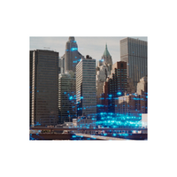 New York City skyline captured on 35mm film with a blue stardust galaxy effect overlaying the buildings.