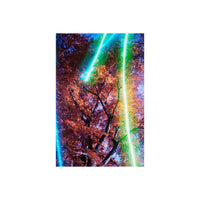 Autumn tree canopy captured on 35mm film with glowing blue and green laser light effects across the frame.