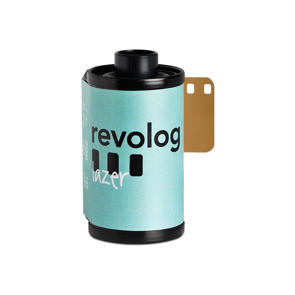 REVOLOG Lazer 35mm color negative film roll with a light blue label and black text on a white background.