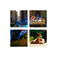 Four examples of 35mm film photography featuring blue and green stardust effects over cityscapes and portraits.