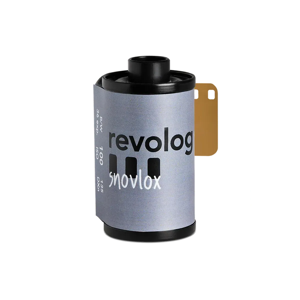 Revolog Snovlox 35mm black and white film roll with grey label and 36 exposures.