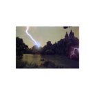 REVOLOG Tesla 1 35mm film shot of a lake with blue lightning bolt effects over a city skyline and trees.