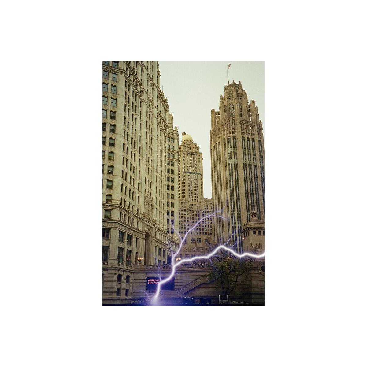 Chicago city skyscrapers overlaid with the blue lightning bolt effect of REVOLOG Tesla 1 35mm color negative film.