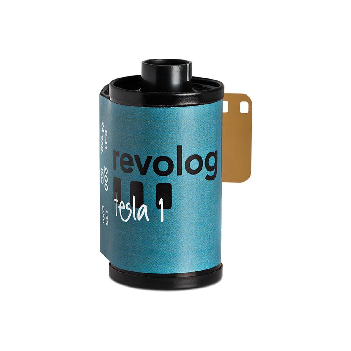 REVOLOG Tesla 1 35mm color negative film roll with a blue metallic label and black text on a white background.