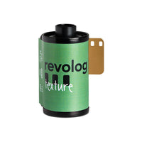 Revolog Texture 35mm black and white film roll with a green label and 36 exposures in a plastic canister.