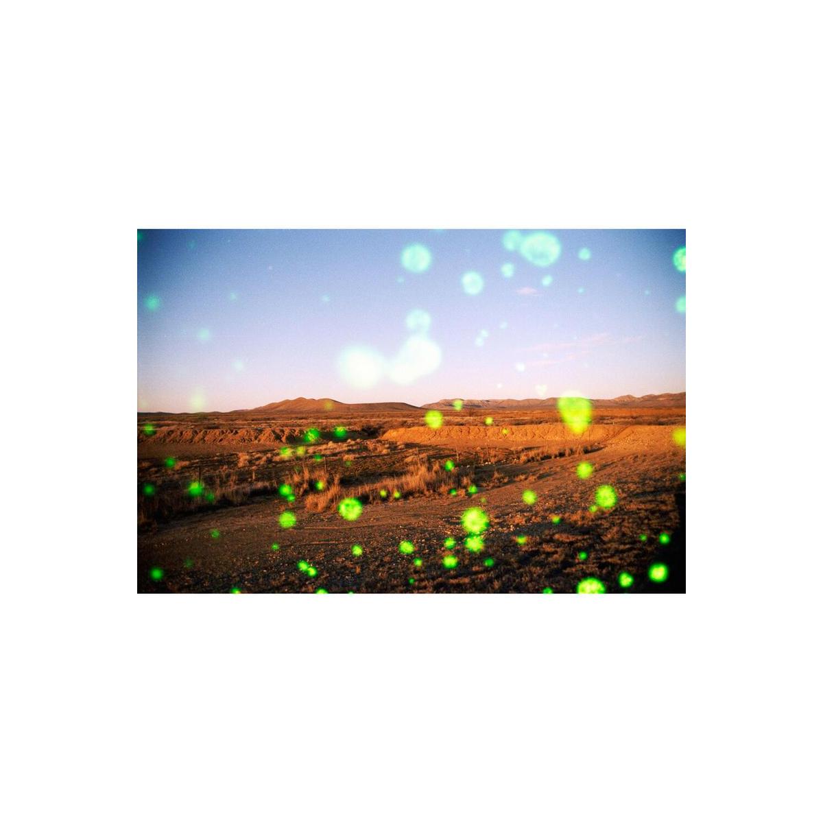 Desert landscape captured on 35mm film featuring glowing green orbs scattered across a sunset horizon.
