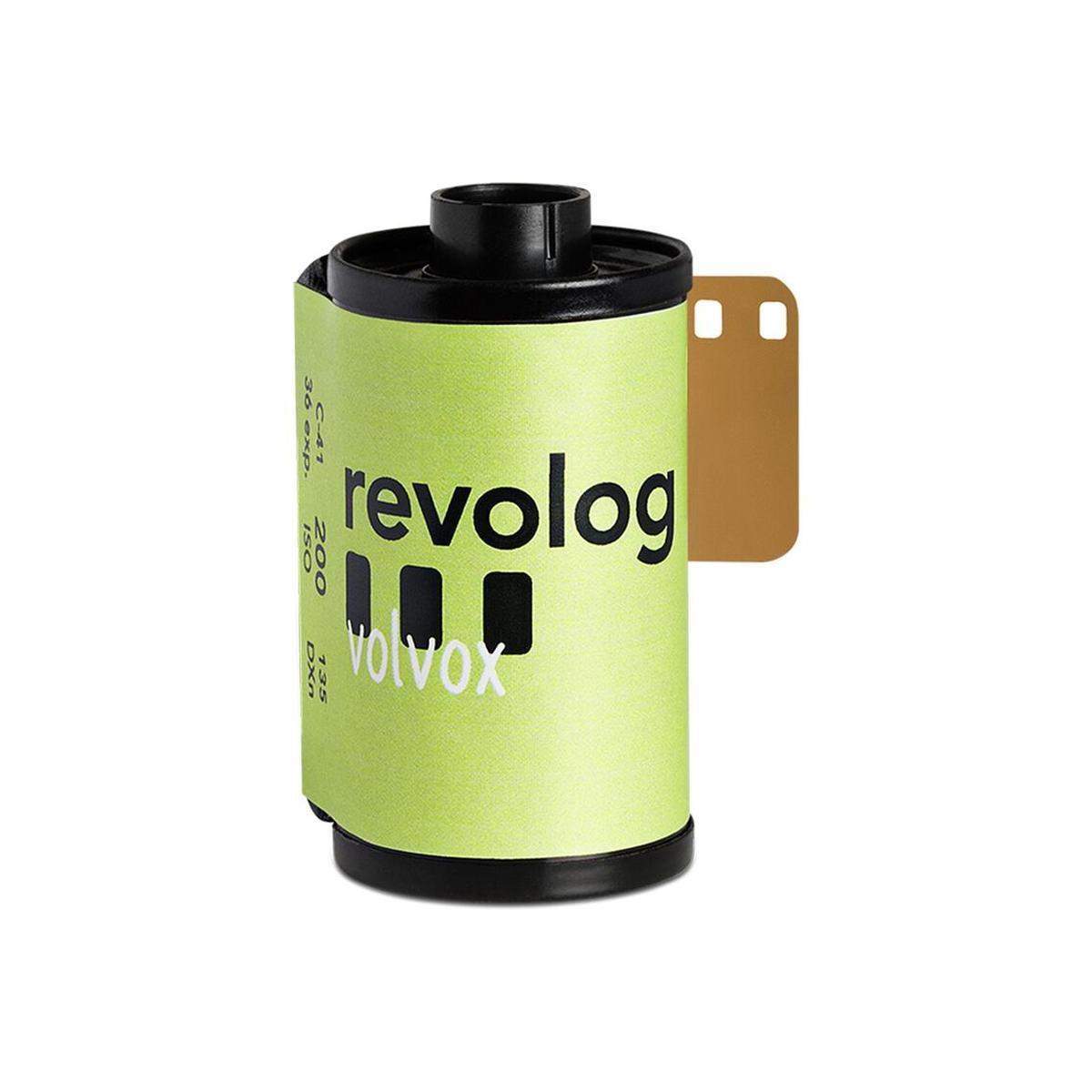 REVOLOG Volvox 35mm color negative film roll with a bright lime green label and black text, 200 ISO, 36 exposures.