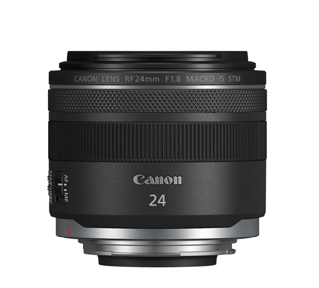 A Canon RF 24mm f/1.8 Macro IS STM lens with a black exterior.