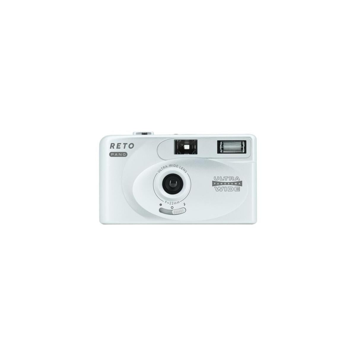 Silver Reto Project PANO 35mm film camera with a 22mm wide-angle lens, built-in flash, and panoramic mode selector.