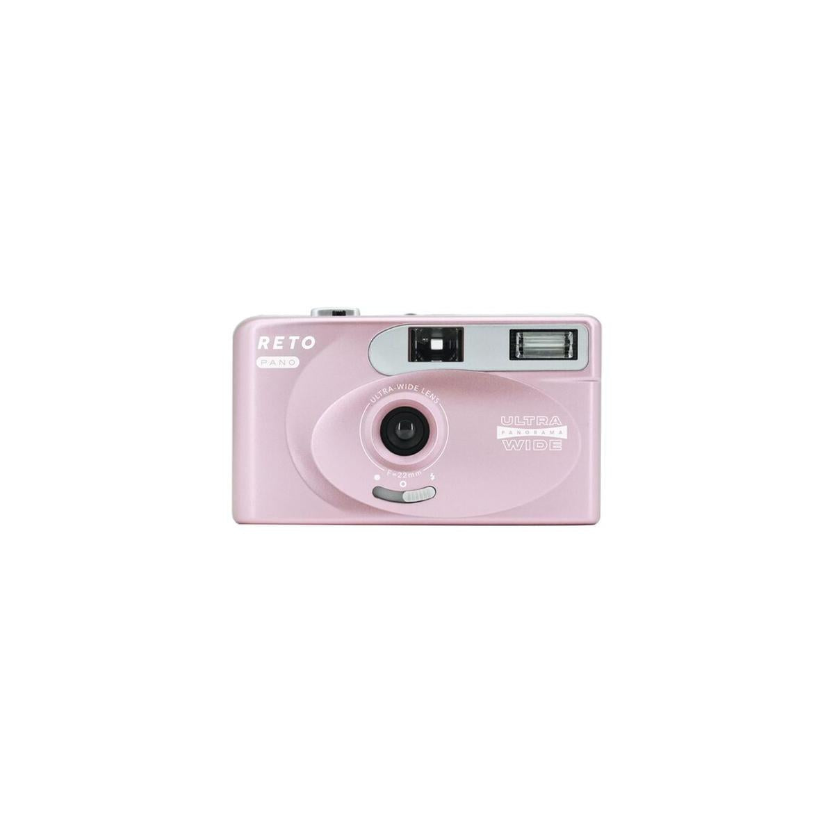 Light pink Reto Project PANO 35mm film camera with a 22mm wide-angle lens, built-in flash, and compact rectangular body.