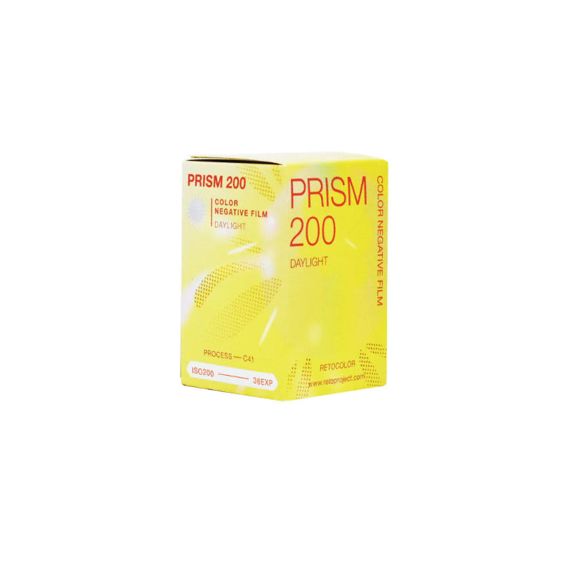 Yellow box of Prism 200 color negative film on a white background