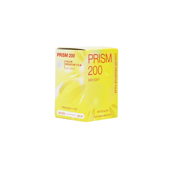 Yellow box of Prism 200 color negative film on a white background