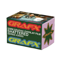 A box of Grafx 35mm Graphic Overlay Film Shattered Series #35003, featuring a green front panel with red, yellow, and blue Grafx logos, a pink side panel with a green star logo, and a top lid showing a preview of the shattered graphic effect.