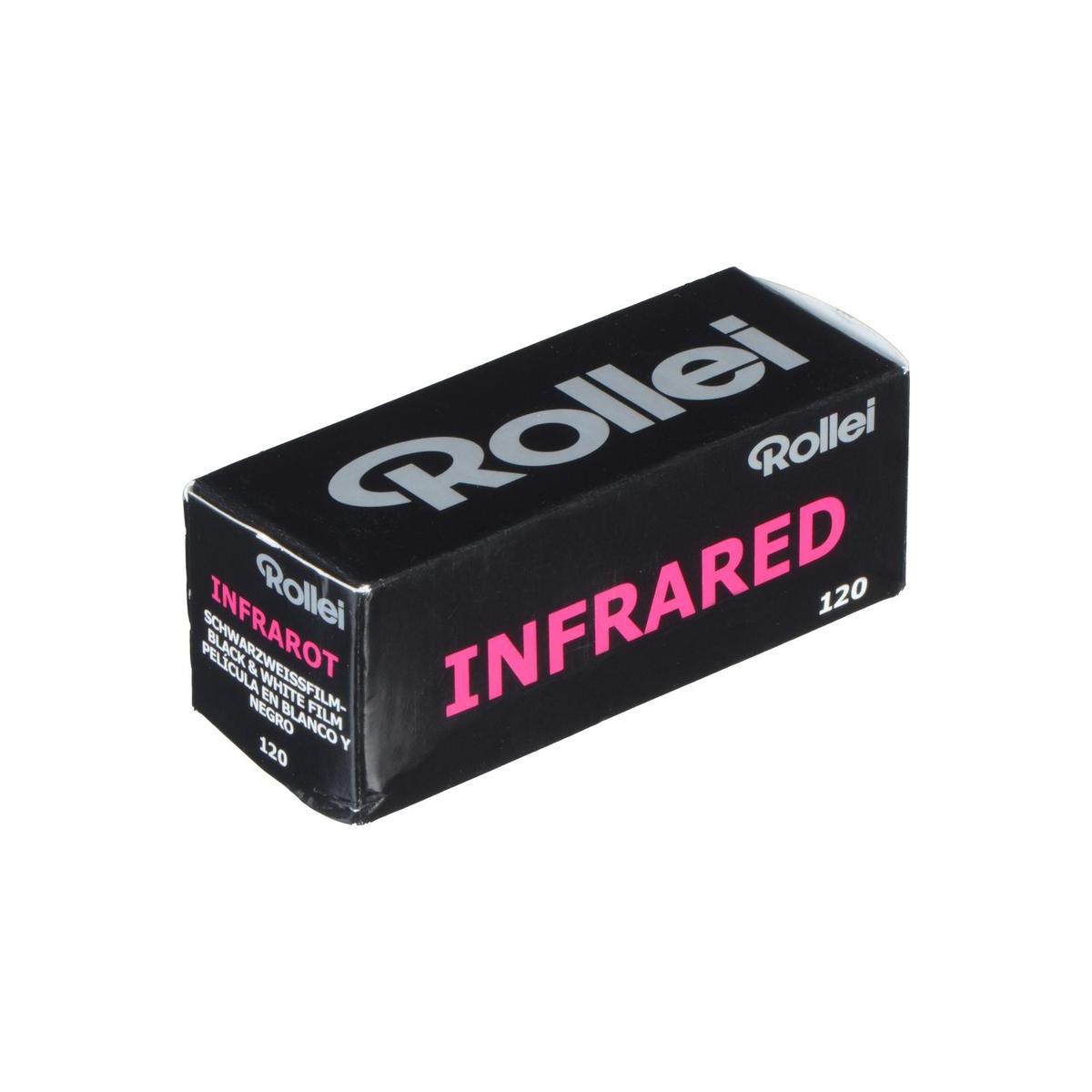 Rollei Infrared 400 ISO 120 black and white film box in black packaging with pink text on a white background.